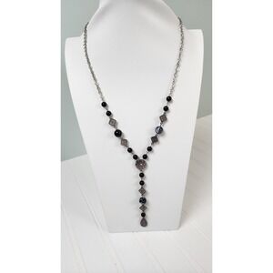 Silver Tone Black Beaded Costume Jewelry Y Necklace Drop Pendant Adjustable